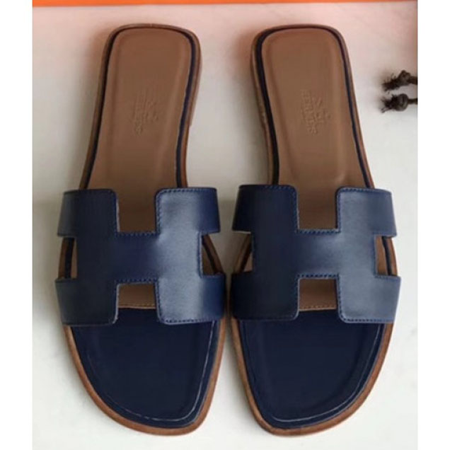 Hermes Oran Slipper Sandals in Box Calfskin Sapphire