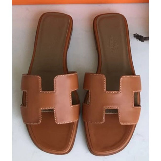 Hermes Oran Slipper Sandals in Box Calfskin Gold Brown