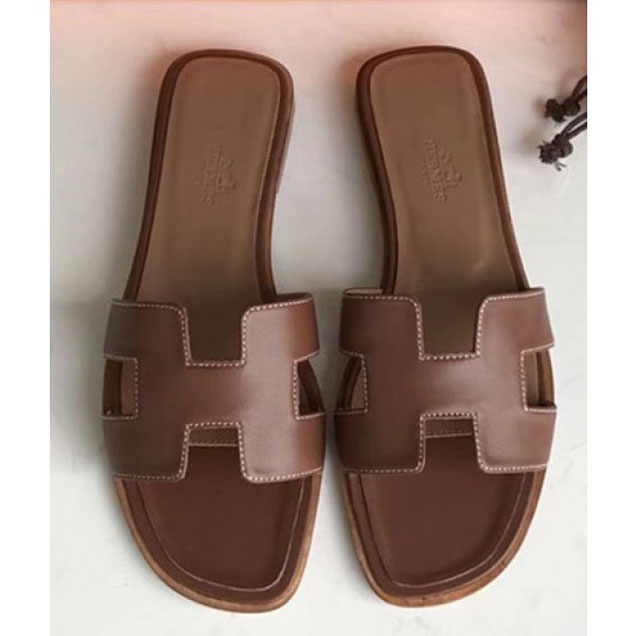 Hermes Oran Slipper Sandals in Box Calfskin Coffee