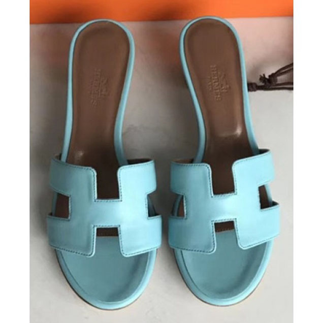 Hermes Heel 5cm Oasis Slipper Sandals in Box Calfskin Light Blue