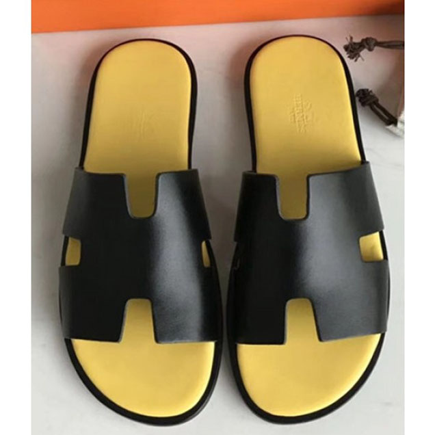 Hermes Izmir Men's Slipper Sandals in Calfskin Black/Yellow