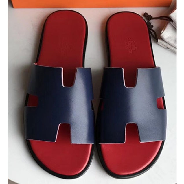 Hermes Izmir Men's Slipper Sandals in Calfskin Blue/Red