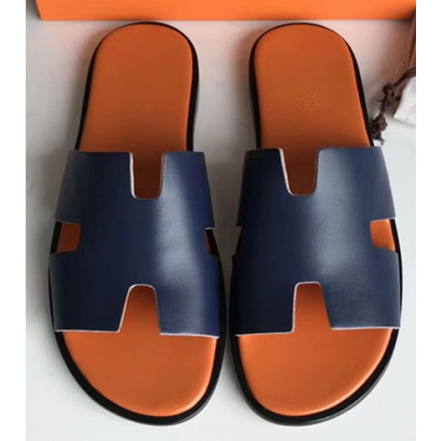 Hermes Izmir Men's Slipper Sandals in Calfskin Blue/Orange