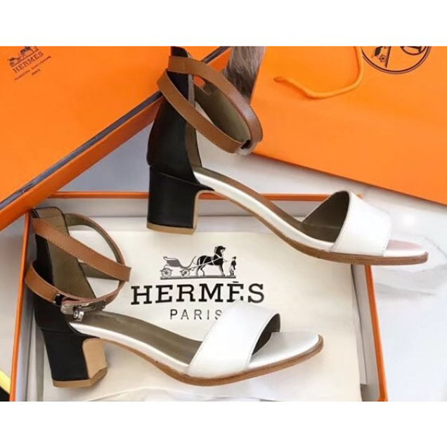 Hermes Mini Kelly Buckle Heel 5.5cm Calfskin Manege Sandals White/Black/Brown 2018