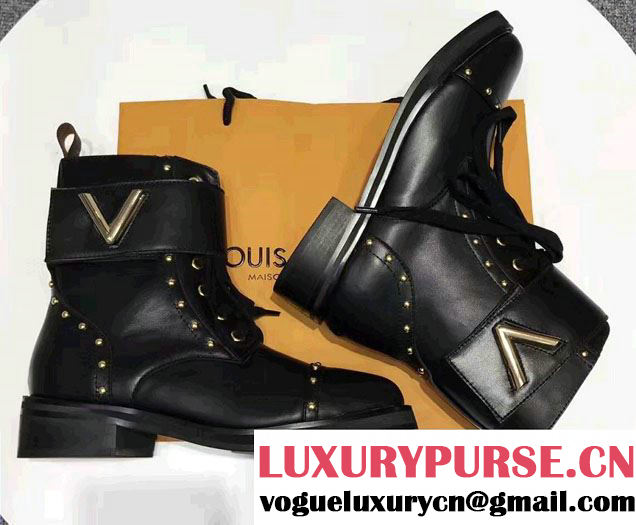 Louis Vuitton Heel 3.5cm Platform 1.5cm Rockabily Ranger Ankle Boots 1A3HUK Black Studs 2017