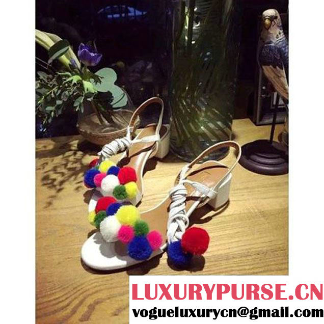 Aquazzura Multicolor Pompon Sandal with 5cm Heel White 2016 (GD5043-6041433 )