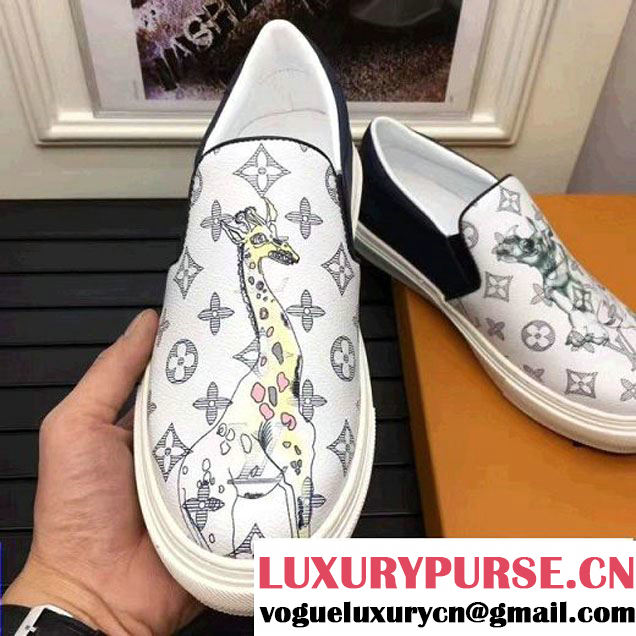 Louis Vuitton Men's Slip-on Sneaker Animer Print White Monogram Canvas 2017 (K2100-7061705 )