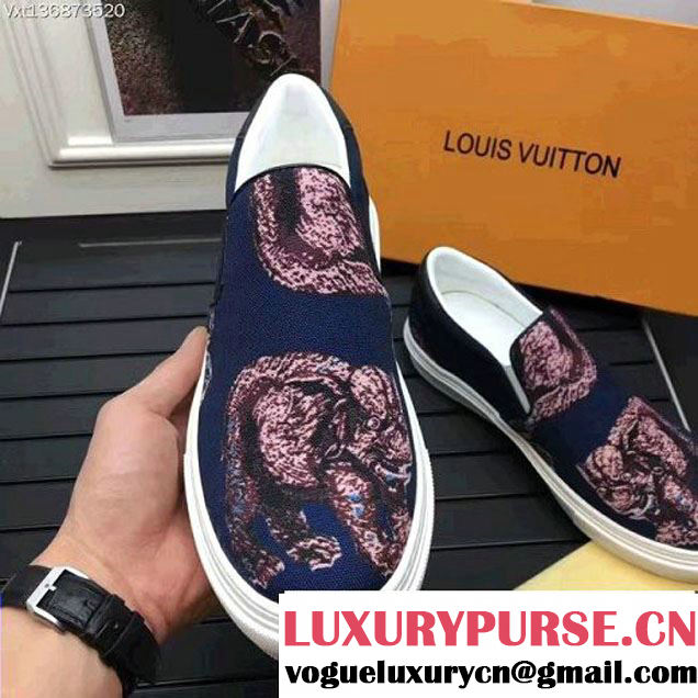 Louis Vuitton Men's Slip-on Sneaker Animal Print Denim Canvas Blue 2017 (K2100-7061708 )