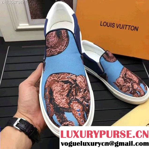 Louis Vuitton Men's Slip-on Sneaker Animal Print Denim Canvas Light Blue 2017 (K2100-7061709 )