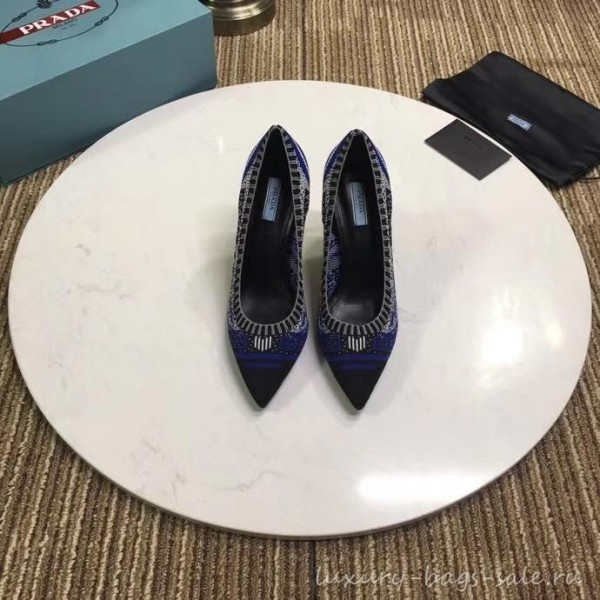 Prada Heel 8.5cm Knit Fabric Pointy Toe Pumps 1I192L Blue 2019