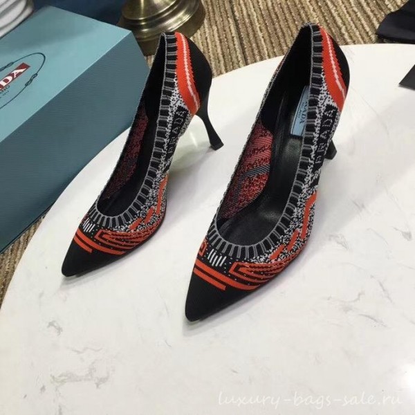 Prada Heel 8.5cm Knit Fabric Pointy Toe Pumps 1I192L Orange 2019