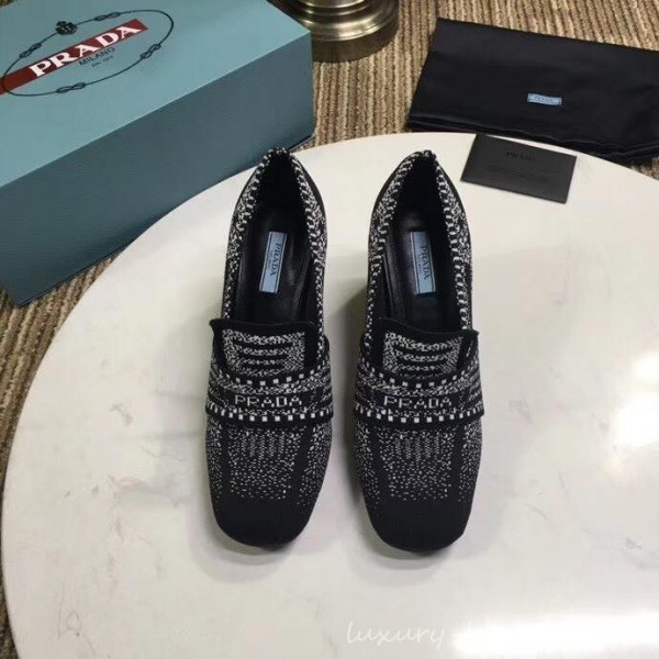 Prada Heel 8.5cm Knit Fabric Loafers 1D194L Black 2019