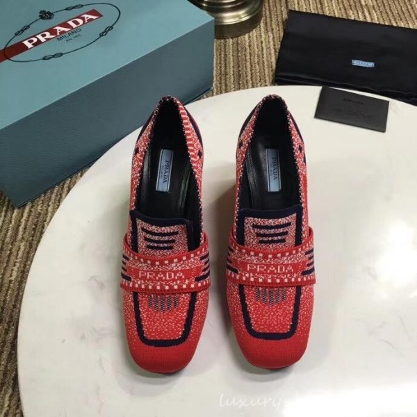 Prada Heel 8.5cm Knit Fabric Loafers 1D194L Red 2019