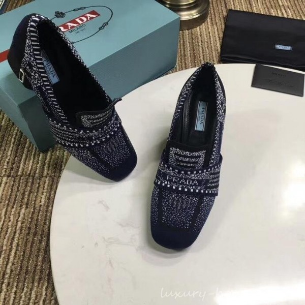 Prada Heel 8.5cm Knit Fabric Loafers 1D194L Blue 2019