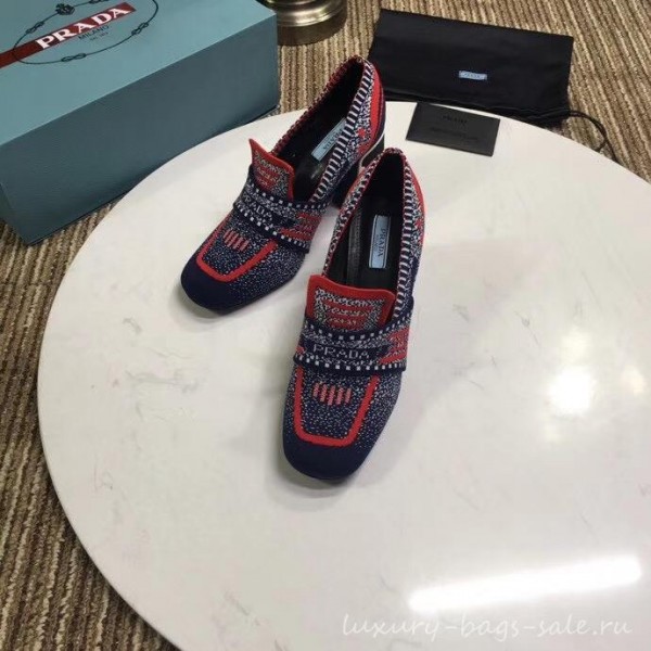 Prada Heel 8.5cm Knit Fabric Loafers 1D194L Blue/Red 2019