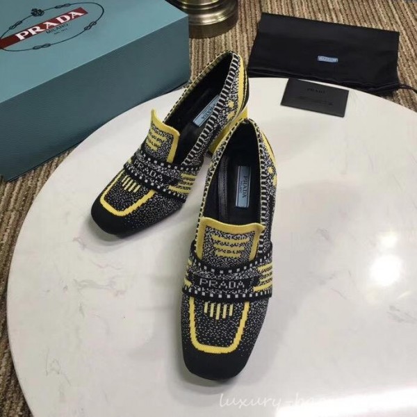 Prada Heel 8.5cm Knit Fabric Loafers 1D194L Yellow 2019