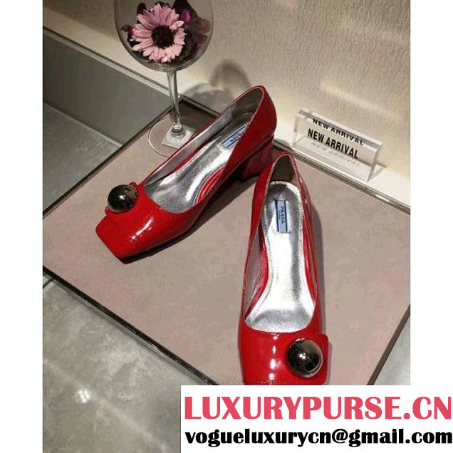 Prada Metal Ball Oranment Patent Calfskin Pump with Square Heel Red 2016 (GD4029-6071851 )