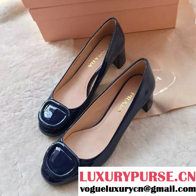 Prada Patent Leather Heel 4.5cm Pumps Dark Blue2016 (6080932 )