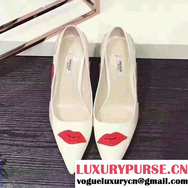 Prada Patent Leather Pointy Toe Pump With Lips 1I420H White 2017 (SZ3023-7011614 )