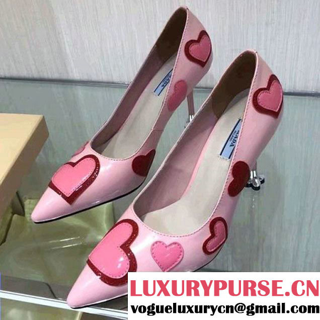 Prada Patent Leather Pointy Toe Pump With Heart 1I424H Pink 2017 (GD4029-7011616 )