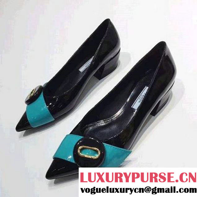 Prada Patent Leather Pointy Toe Pump 3cm Heel 1I796H Black/Aqua 2017 (GD5013-7083016 )