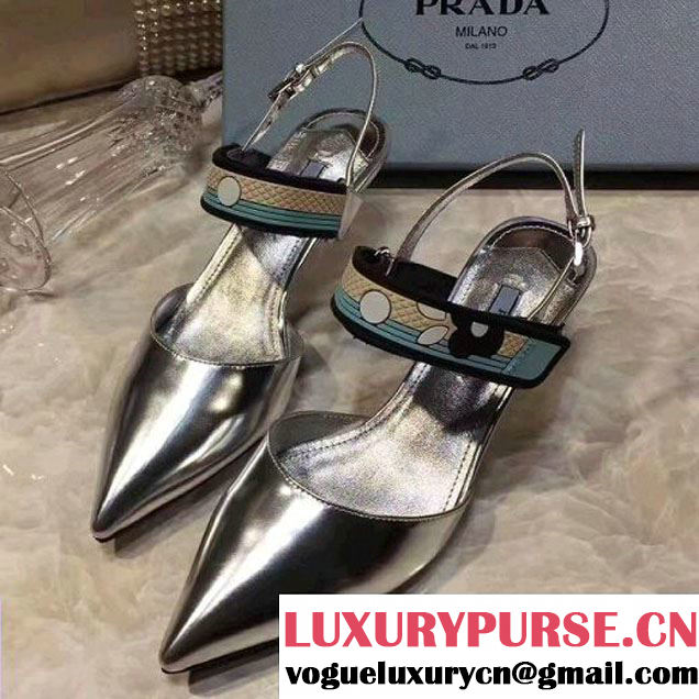 Prada Calf Leather Pointy Toe Slingback Pump Silver 2017 (SZ2029-7052215 )