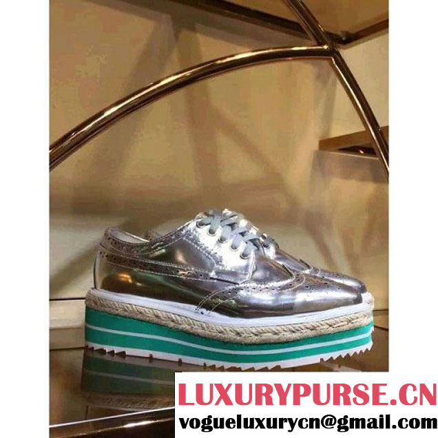 Prada Patent Calfskin Lace Up Shoe with Green Platform Silver 2016 (GD1066-6061535 )