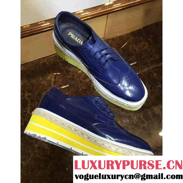 Prada Brushed Calfskin Lace Up Shoe with Yellow Platform Blue 2016 (GD1066-6061537 )