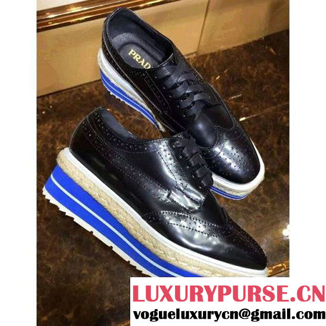 Prada Brushed Calfskin Lace Up Shoe with Blue Platform Black 2016 (GD1066-6061540 )