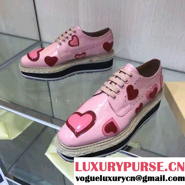 Prada Patent Leather Laced Derby Lace-Up Shoe With Heart 1E419H Pink 2017 (GD4029-7011620 )