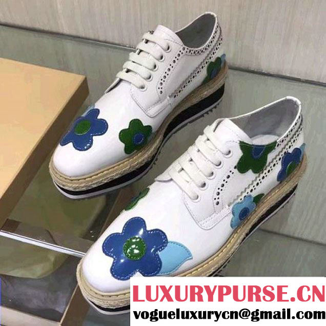 Prada Patent Leather Laced Derby Lace-Up Shoe With Flower 1E417H White 2017 (GD4029-7011622 )