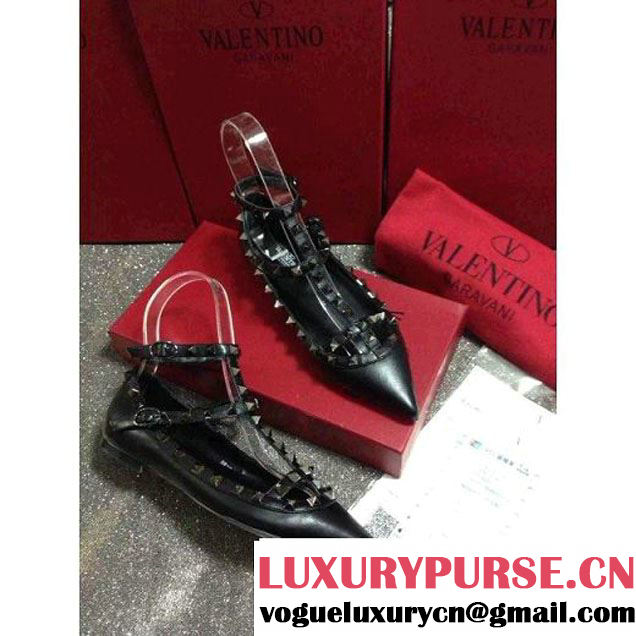 Valentino Smooth Calfskin Rockstud Ballerina With Strap All Black (GD3015-112733 )