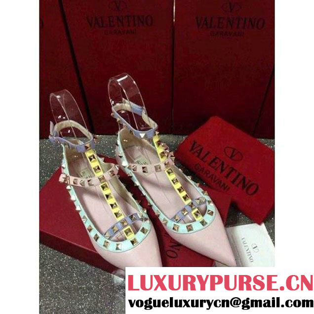 Valentino Multicolor Smooth Calfskin Rockstud Ballerina With Strap Pink (GD3015-112740 )