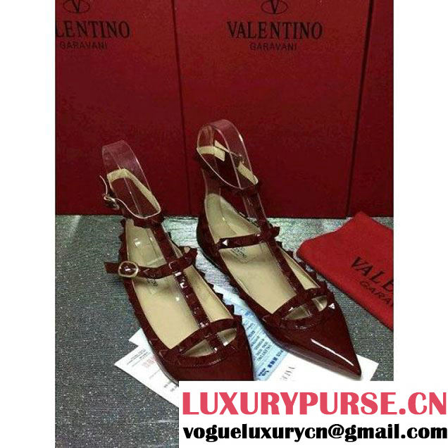 Valentino Patent Calfskin Rockstud Ballerina with Strap Burgundy (GD3015-121744 )