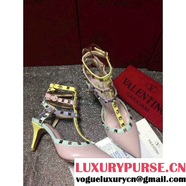 Valentino Multicolor Smooth Calfskin Rockstud Ankle Strap Pink(6.5CM Heel) (GD3015-112739 )