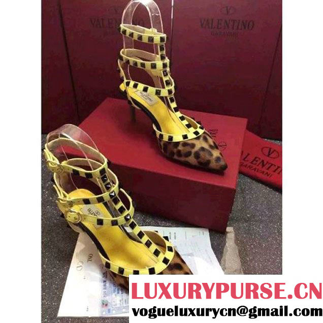 Valentino Printed Ponyskin Rockstud Ankle Strap Yellow (6.5CM Heel) (GD3015-112753 )