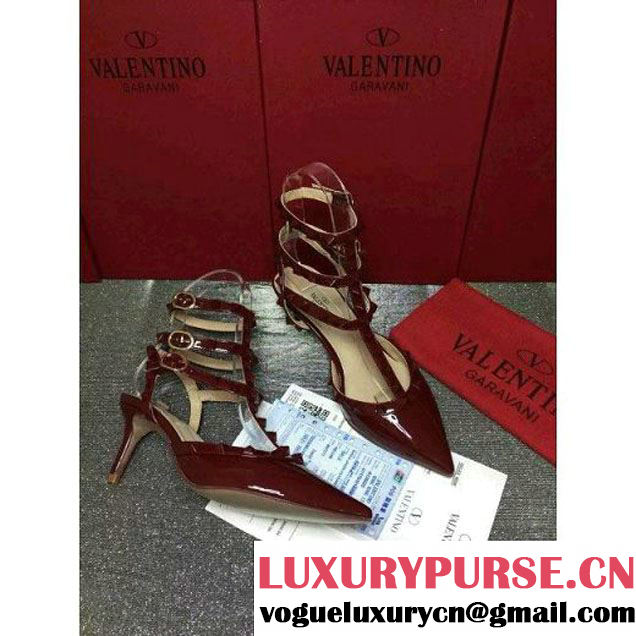 Valentino Patent Calfskin Rockstud Ankle Strap Burgundy (6.5CM Heel) (GD3015-121745 )