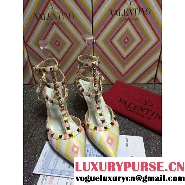 Valentino Rockstud Ankle Strap with Native Couture 1975 print Yellow(6.5CM Heel) 2016 (GD3015-121751 )