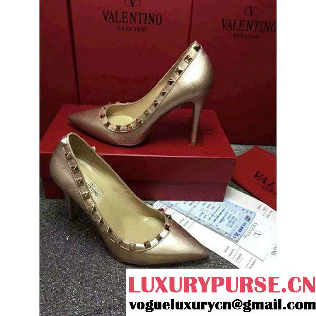 Valentino Lambskin Veins Rockstud Pump With 9.5cm Heel Gold 2016 (GD3015-122945 )