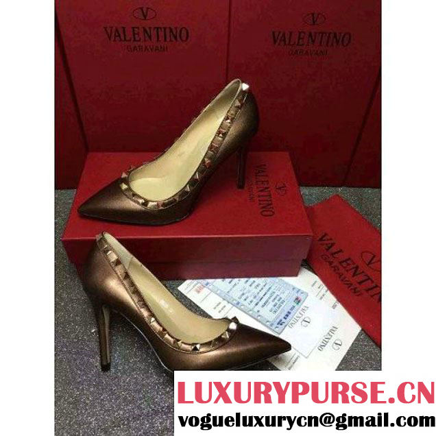 Valentino Lambskin Veins Rockstud Pump With 9.5cm Heel Bronze 2016 (GD3015-122946 )