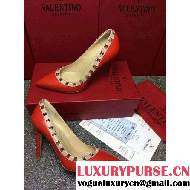 Valentino Lambskin Veins Rockstud Pump With 9.5cm Heel Red 2016 (GD3015-122948 )