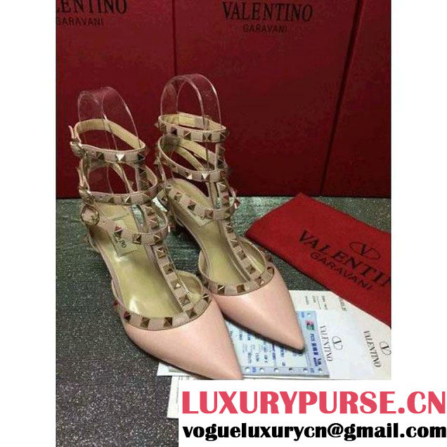 Valentino Lambskin Veins Rockstud Ankle Strap With 6.5cm Heel Pink 2016 (GD3015-122955 )