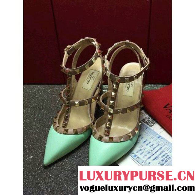 Valentino Lambskin Veins Rockstud Ankle Strap With 9.5cm Heel Green 2016 (GD3015-122962 )