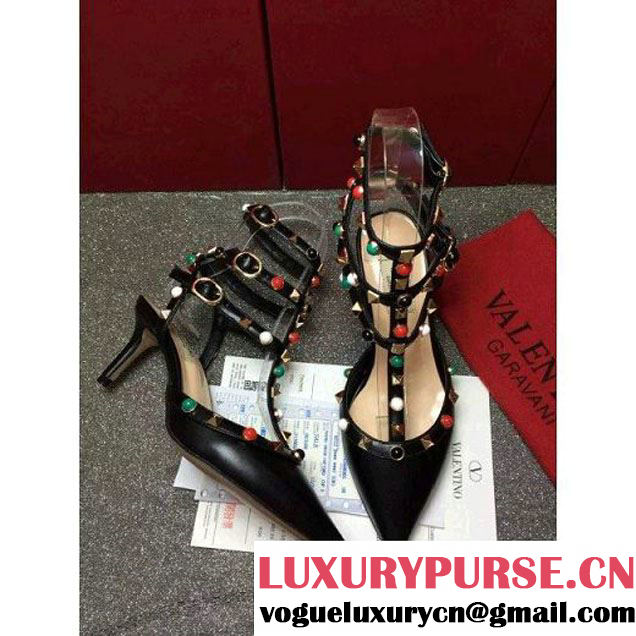 Valentino Multicolor Rockstud Rolling Ankle Strap With 6.5CM Heel Black 2016 (GD3015-6041641 )