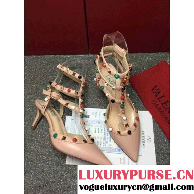 Valentino Multicolor Rockstud Rolling Ankle Strap With 6.5CM Heel Apricot 2016 (GD3015-6041642 )