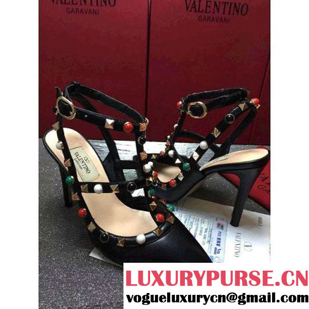 Valentino Multicolor Rockstud Rolling Ankle Strap With 9.5CM Heel Black 2016 (GD3015-6041643 )