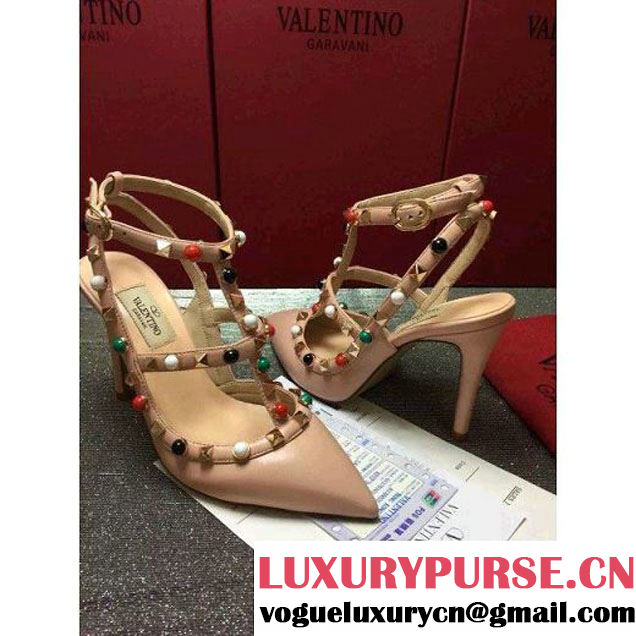 Valentino Multicolor Rockstud Rolling Ankle Strap With 9.5CM Heel Apricot 2016 (GD3015-6041644 )