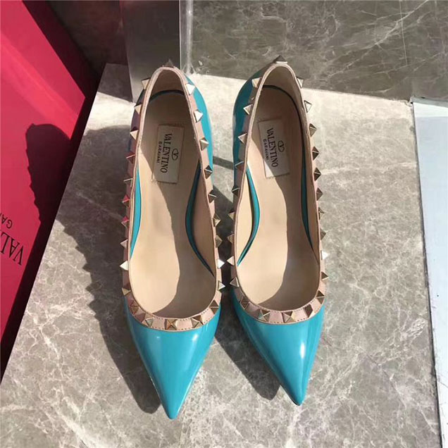 Valentino Garavani Rockstud 100mm Studded Pumps Patent Calfskin Leather Fall Winter 2017 Collection Turquoise