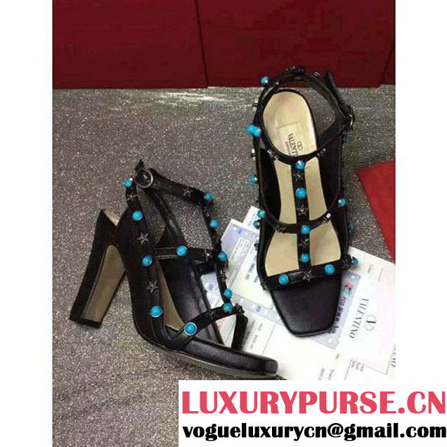 Valentino Starstudded Rolling Sandal With 9.5CM Heel Black 2016 (GD3015-6061251 )