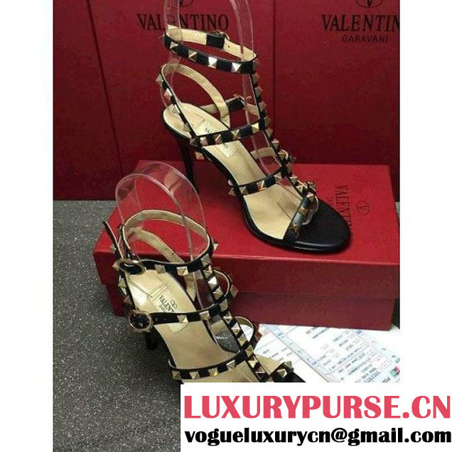 Valentino Black Lambskin Veins Rockstud Sandal With 9.5CM Heel 2016 (GD3015-6061252 )